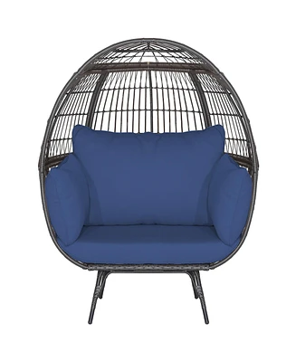 Gymax Patio Rattan Wicker Lounge Chair Oversized Outdoor Metal Frame Egg Chair w/ 4 Cushions