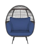 Gymax Patio Rattan Wicker Lounge Chair Oversized Outdoor Metal Frame Egg Chair w/ 4 Cushions