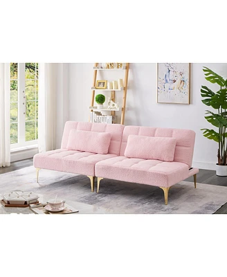 Simplie Fun 71" Convertible Sofa Bed Futon With Gold Metal Legs Teddy Fabric (Pink)