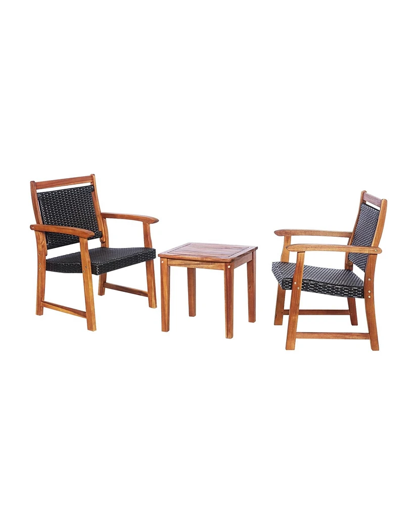 Slickblue 3 Pieces Rattan Bistro Set with Acacia Wood Frame for Garden