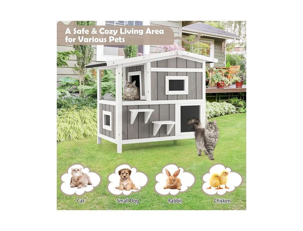 Slickblue Outdoor 2-Story Wooden Feral Cat House with Escape Door-Gray
