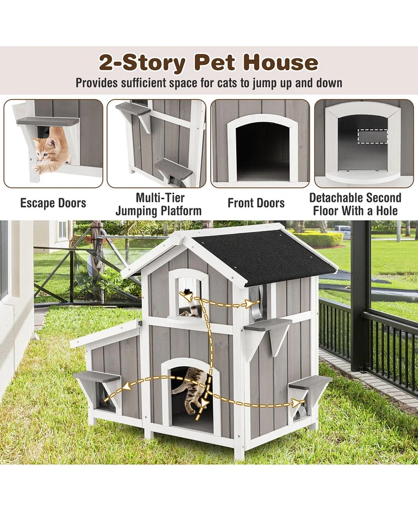 Slickblue Outdoor 2-Story Wooden Feral Cat House with Escape Door-Gray