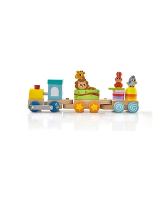 Slickblue Wooden Stackable Educational Train Set with Colorful Animal Toys and Retractable Locomotive