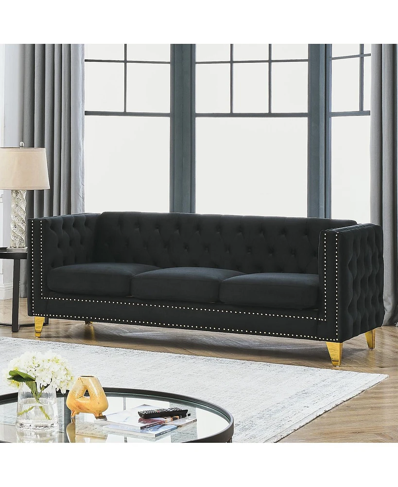 Simplie Fun Modern Black Velvet Sofa with Tufted Square Arm