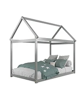 Costway Twin House Bed Wood Frame with Roof for Kids Toddler No Box Spring