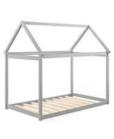 Costway Twin House Bed Wood Frame with Roof for Kids Toddler No Box Spring