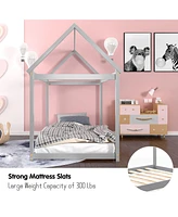 Costway Twin House Bed Wood Frame with Roof for Kids Toddler No Box Spring