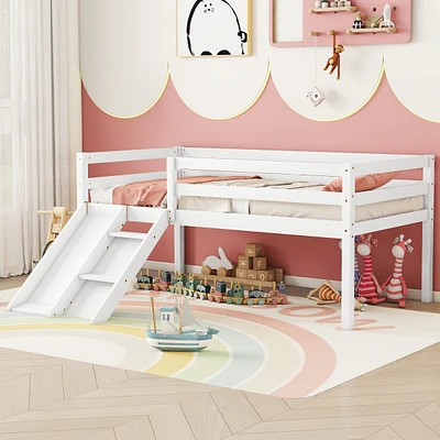 Simplie Fun Twin Low Loft Bed With Slide, Ladder, Safety Guardrails, No Box Spring Needed, White