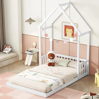 Simplie Fun Full Roof-Framed Headboard Floor Bed With Headboard Guardrails, Without Slats White