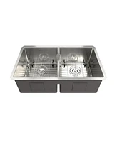 Mondawe Undermount 33-in x 19-in Brushed Stainless Steel Double Bowl Kitchen Sink