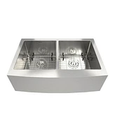 Mondawe Farmhouse Apron Front 33-in x 22-in Brushed Stainless Steel Double Bowl Kitchen Sink with Accessories