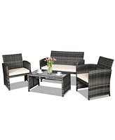 Sugift 4 Pieces Patio Rattan Furniture Set with Glass Table and Loveseat