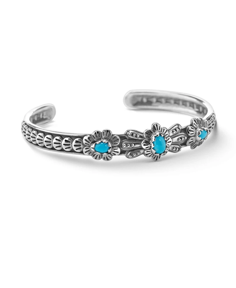 American West Jewelry Sterling Silver Women's Cuff Bracelet Sleeping Beauty Turquoise Gemstone Flower Concha Design Small - Large