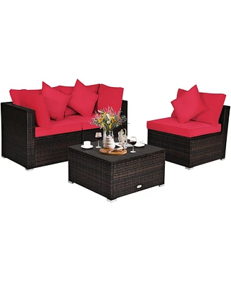 Sugift 4 Pcs Ottoman Garden Deck Patio Rattan Wicker Furniture Set Cushioned Sofa