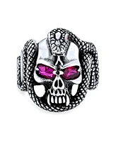 Bling Jewelry Large Mens Biker Halloween Devil Gothic Pirate Day Of Dead Red Cz Eyes Serpent Snake Skull Head Ring Oxidized Sterling Silver