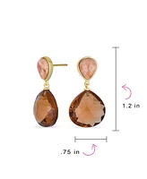 Bling Jewelry Elegant Translucent Briolette Peach Chocolate Brown Pear Shaped Natural Smoky Quartz Faceted Teardrop Drop Earrings Women Gold Plated