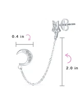 Bling Jewelry Celestial Crescent Moon Stars Double Pierced Cartilage Ear Lobe Helix Chain Ball Ear Stud Earrings For Women Body Piercing Sterling Silv