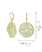 Bling Jewelry Asian Style Dangle Circle Round Donut Good Fortune Light Green Natural Jade Butterfly Disc Drop Statement Earrings 14K Gold Overlay Ster