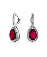 Bling Jewelry Classic Fashion Pear Shape Solitaire Teardrop Halo Cz Red Pendant Necklace Matching Drop Earrings Jewelry Set For Women Rhodium Plated