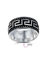 Bling Jewelry Couples Geometric Greek Key Textured Band Ring Black Silver Two Tone Sterling Silver 9MM Wide