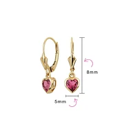 Petite Delicate Romantic Real 14K Yellow Gold Cz Bezel Set Genuine Pink Tourmaline Gemstone Heart Dangle Earrings For Women Girlfriend Lever Back