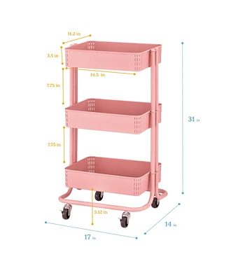 ECR4Kids 3-Tier Metal Rolling Utility Cart, Pink