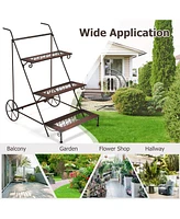 3-Tier Metal Plant Stand with Wheels and Handle for Balcony