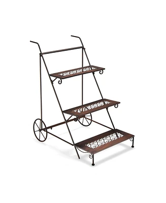 Sugift 3-Tier Metal Plant Stand with Wheels and Handle for Balcony