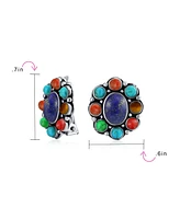 Bling Jewelry Southwestern Natural Lapis Blue Turquoise Multicolor Cabochon Oval Large s Western Concho Clip On Earrings Non Pierced Ears Sterling Sil