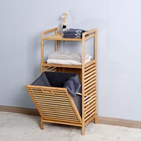 Bathroom Laundry Basket Bamboo Storage Basket With 2-Tier Shelf 17.32 X 13 X 37.8 Inch