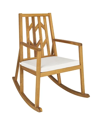 Gymax Outdoor Acacia Wood Rocking Chair Wooden Patio Rocker w/ Beige Cushion