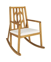 Gymax Outdoor Acacia Wood Rocking Chair Wooden Patio Rocker w/ Beige Cushion