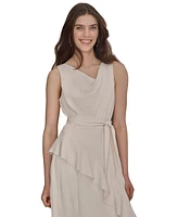 Dkny Women's Cowlneck Sleeveless Belted Ruffled Dress