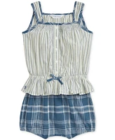 Polo Ralph Lauren Baby Girls Striped Cotton Top & Plaid Bloomer Set