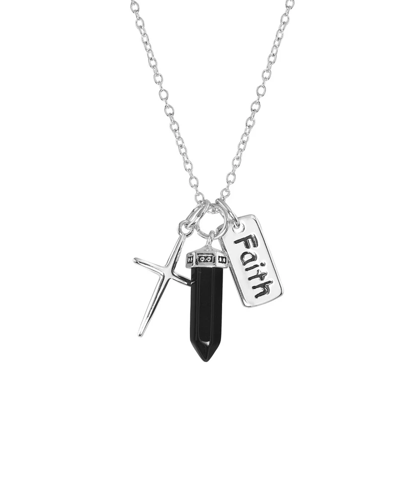 Macy's Black Agate Stone Charm Necklace in Fine Silver Plated Brass