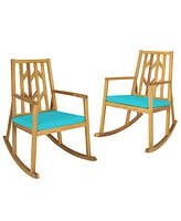 Gymax Set of 2 Outdoor Acacia Wood Rocking Chair Wooden Patio Rocker w/ Turquoise Cushion