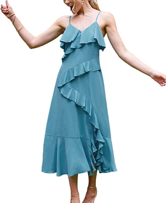 Cupshe Women's Blue Asymmetrical Ruffle Maxi Beach Dress