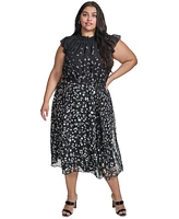 Dkny Plus Printed Ruffled Belted Midi Dress