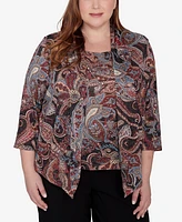 Alfred Dunner Plus Size Classic Metallic Paisley Two In One Top With Necklace