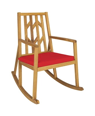 Gymax Outdoor Acacia Wood Rocking Chair Wooden Patio Rocker w/ Red Cushion