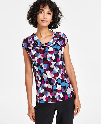 Kasper Petite Cowlneck Abstract-Print Knit Top