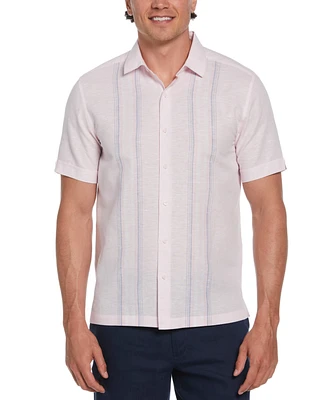 Cubavera Men's Linen Blend Tri-Color Panel Short Sleeve Button-Down Shirt