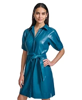 Calvin Klein Women's Faux-Leather Belted Shirtdress