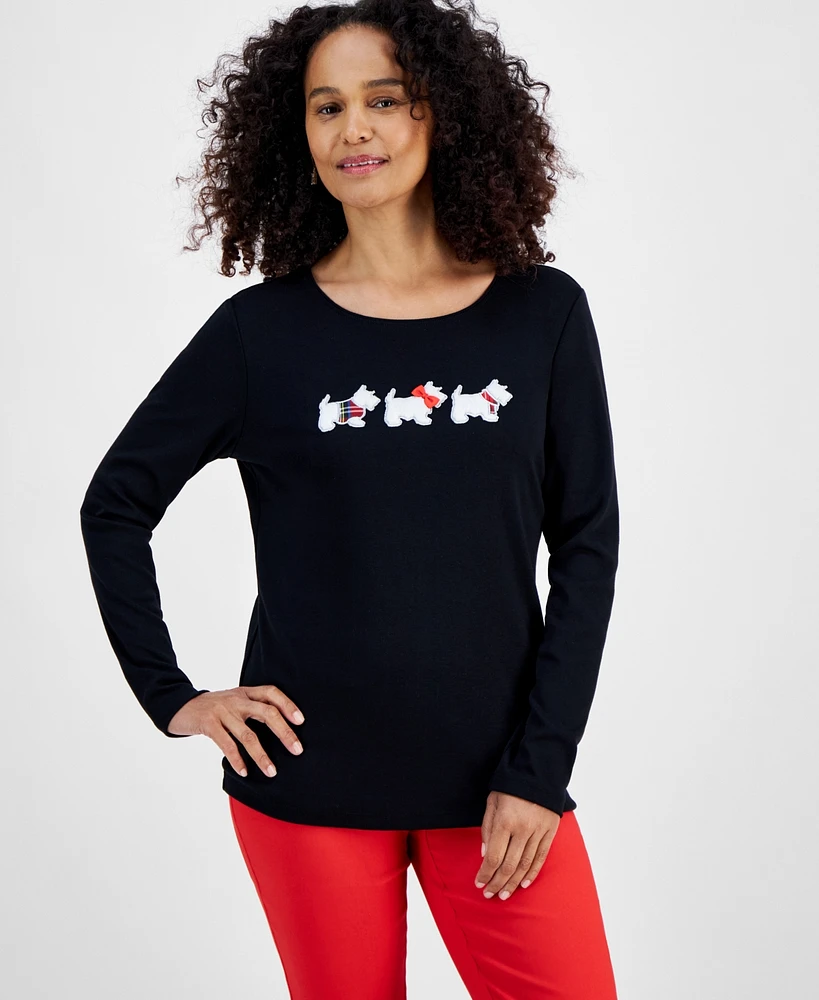 Holiday Lane Women's Scottie Walk Long-Sleeve Top, Created for Macy's