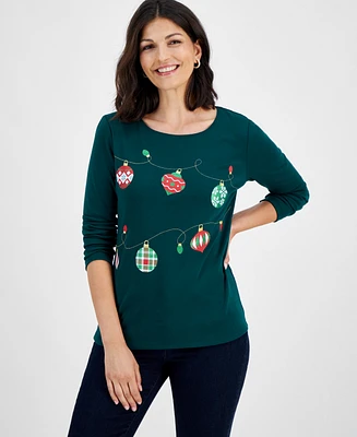 Holiday Lane Women's Ornament String Long-Sleeve Top, Created for Macy's