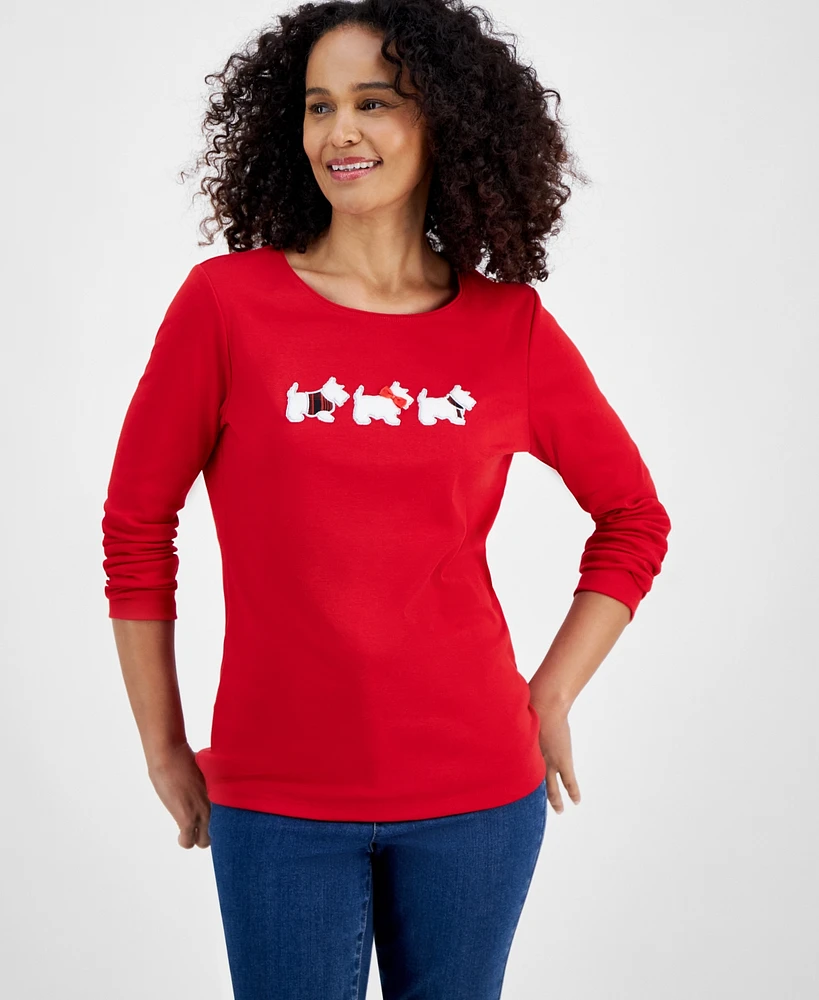 Holiday Lane Women's Scottie Walk Long-Sleeve Top, Created for Macy's