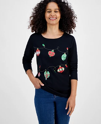 Holiday Lane Women's Ornament String Long-Sleeve Top, Created for Macy's