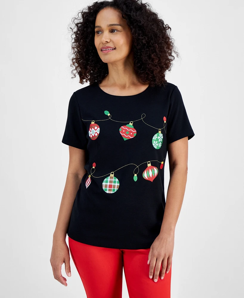 Holiday Lane Women's Ornament String Short-Sleeve Top, Created for Macy's