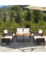 Costway 7PCS Patio Rattan Furniture Set Cushioned Loveseat Sofa Ottoman Table