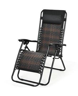 Slickblue Folding Rattan Zero Gravity Lounge Chair with Removable Head Pillow